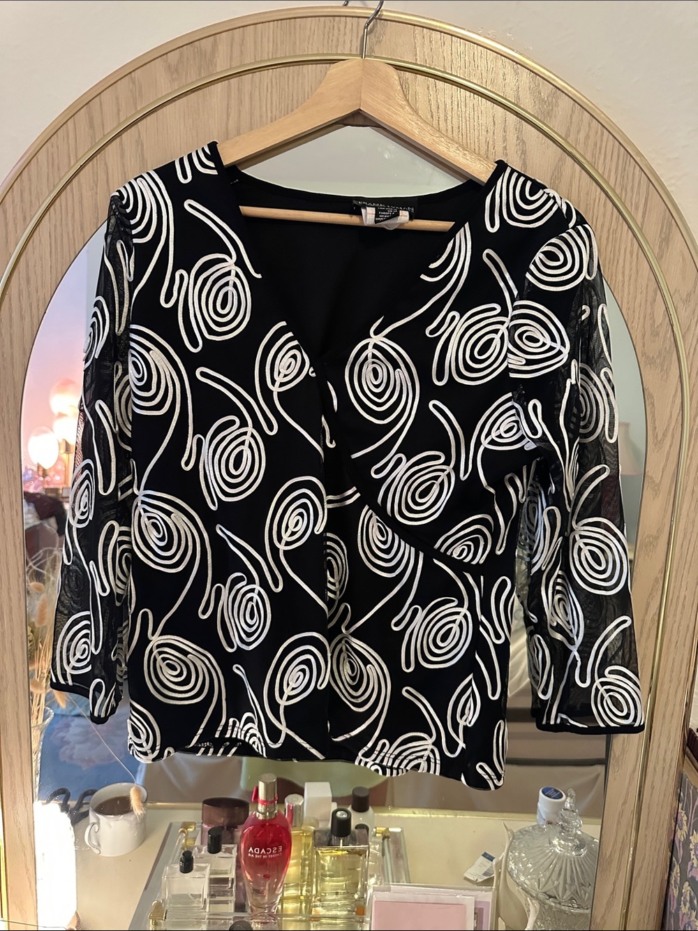 Vintage Black & White Swirl Print Women's with sheer sleeves